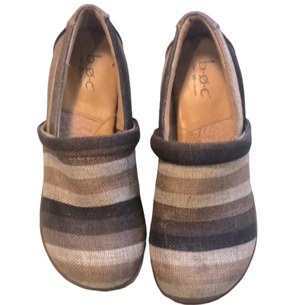 B.O.C. PEGGY CLOG IN STRIPED NADIYYA FABRIC BROWN AND TAN SIZE 6